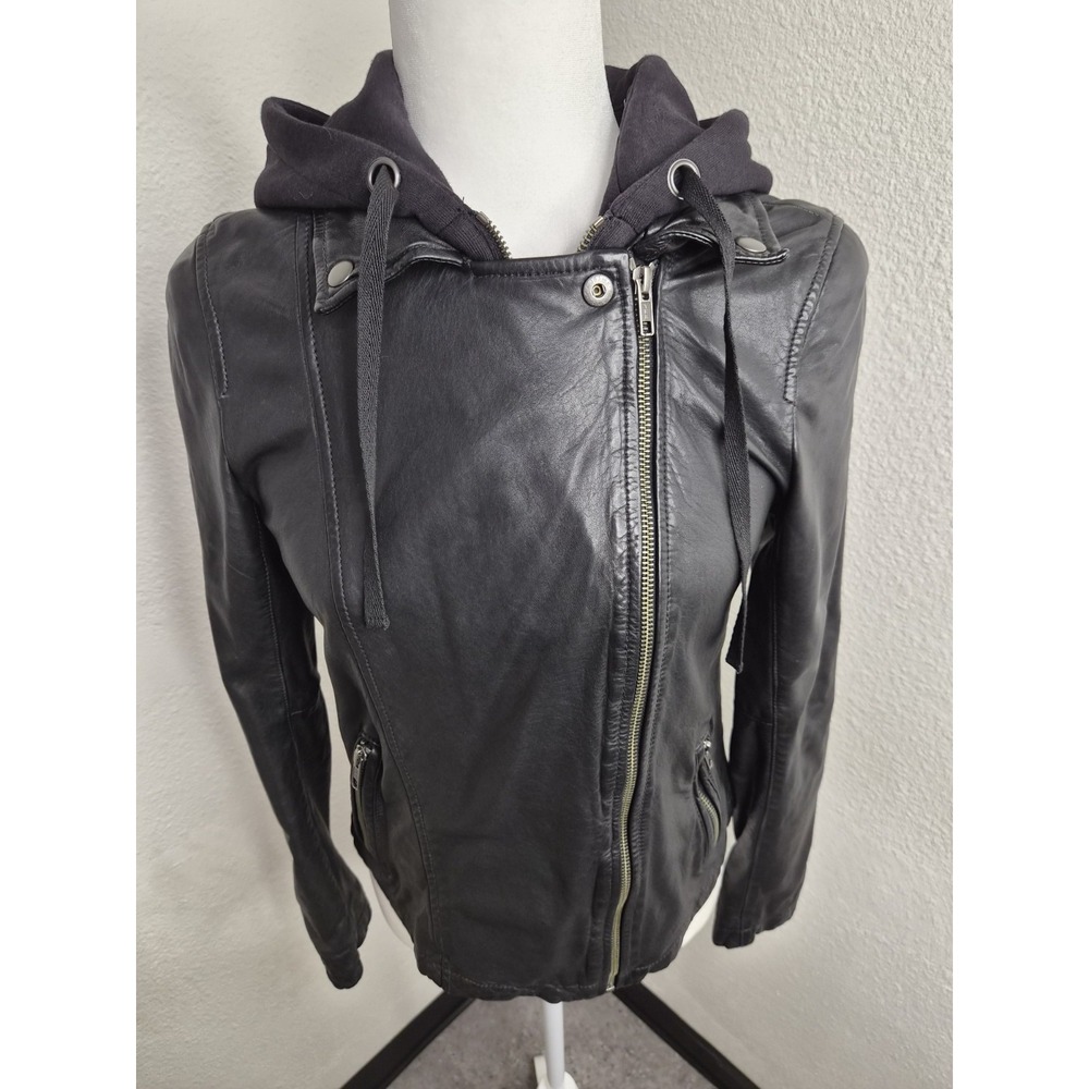 Caslon 100% Leather Moto Jacket With Removable hoodie In Black size S - Picture 5 of 16